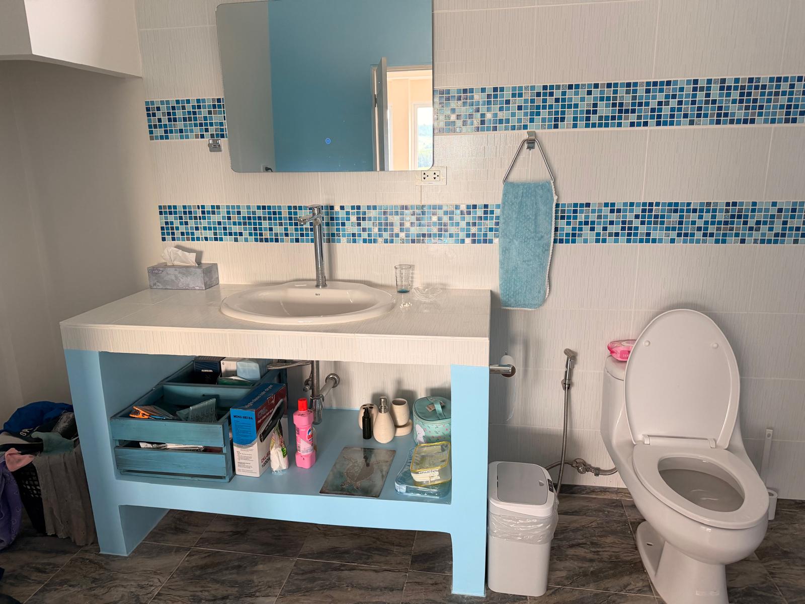 Bathroom vanity with mirror and toilet
