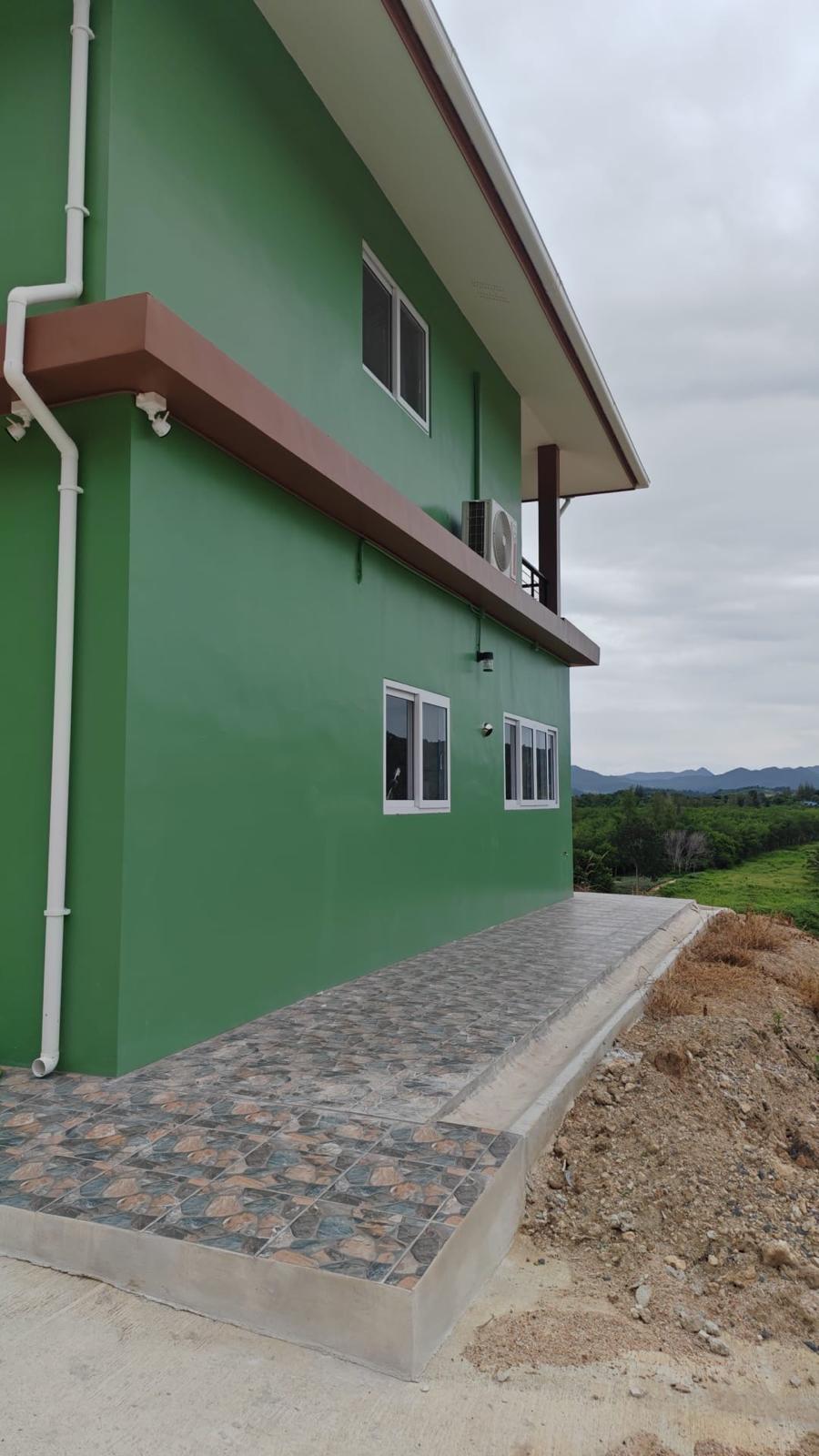Side facade of the house with valley behind