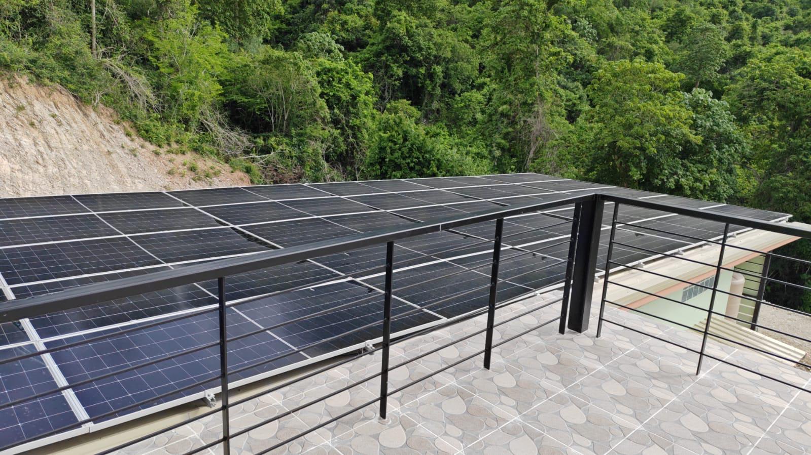 Close view of the rooftop solar panel array